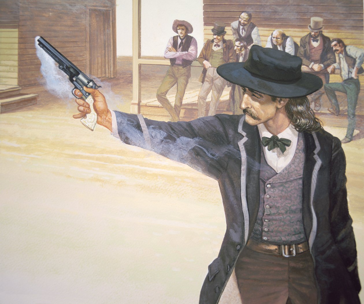 يُظهر `` Wild Bill '' Hickok (1837-1876) مهاراته في الرماية باستخدام مسدس طراز Colt Navy (اللون الليثو) بواسطة المدرسة الأمريكية