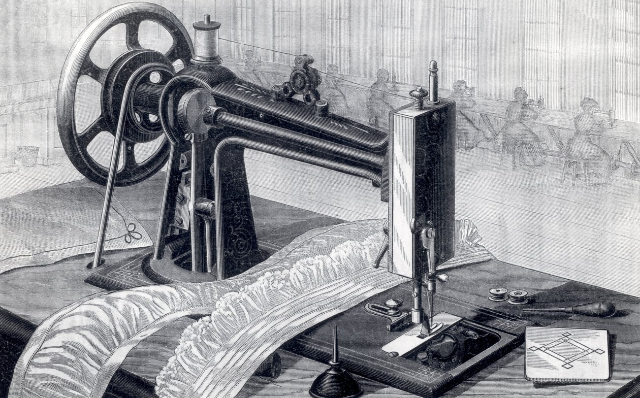 آلة خياطة ويلسون ، تظهر محرك الحزام من الدواسة وعلبة الزيت ، من Park Benjamin Appletons Cyclopedia of Applied Machines ، تم نشرها عام 1880 بواسطة المدرسة الأمريكية