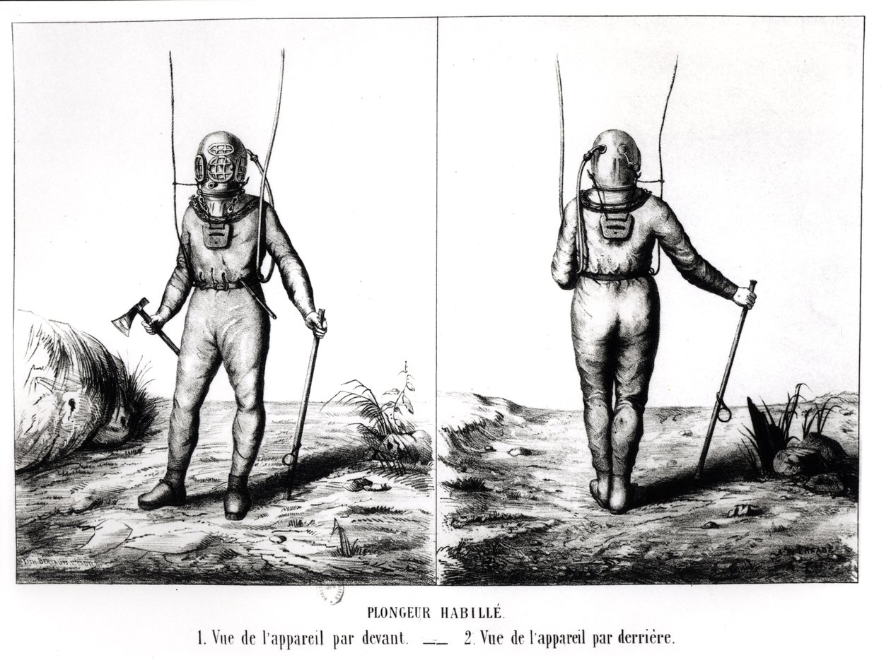 غواص أعماق البحار ، رسم توضيحي من Scaphandre ، جهاز Plongeur Cabirol ، بقلم جوزيف مارتن كابيرول ، نشر باريس 1855 (صور من وزن الجسم) بواسطة أميكار دي لافاج