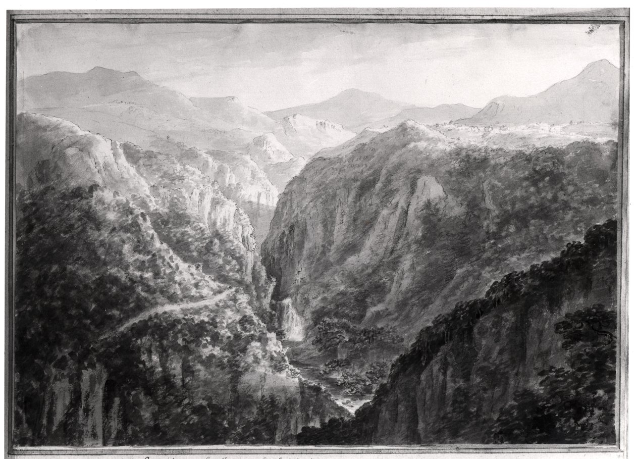 مشهد من فندق Inn at Devil&39;s Bridge مع سقوط Rhydal ، من "مناظر في إنجلترا واسكتلندا وويلز" ، 1804 (غسيل رمادي فوق الجرافيت على ورق منسوج) بواسطة عاموس جرين