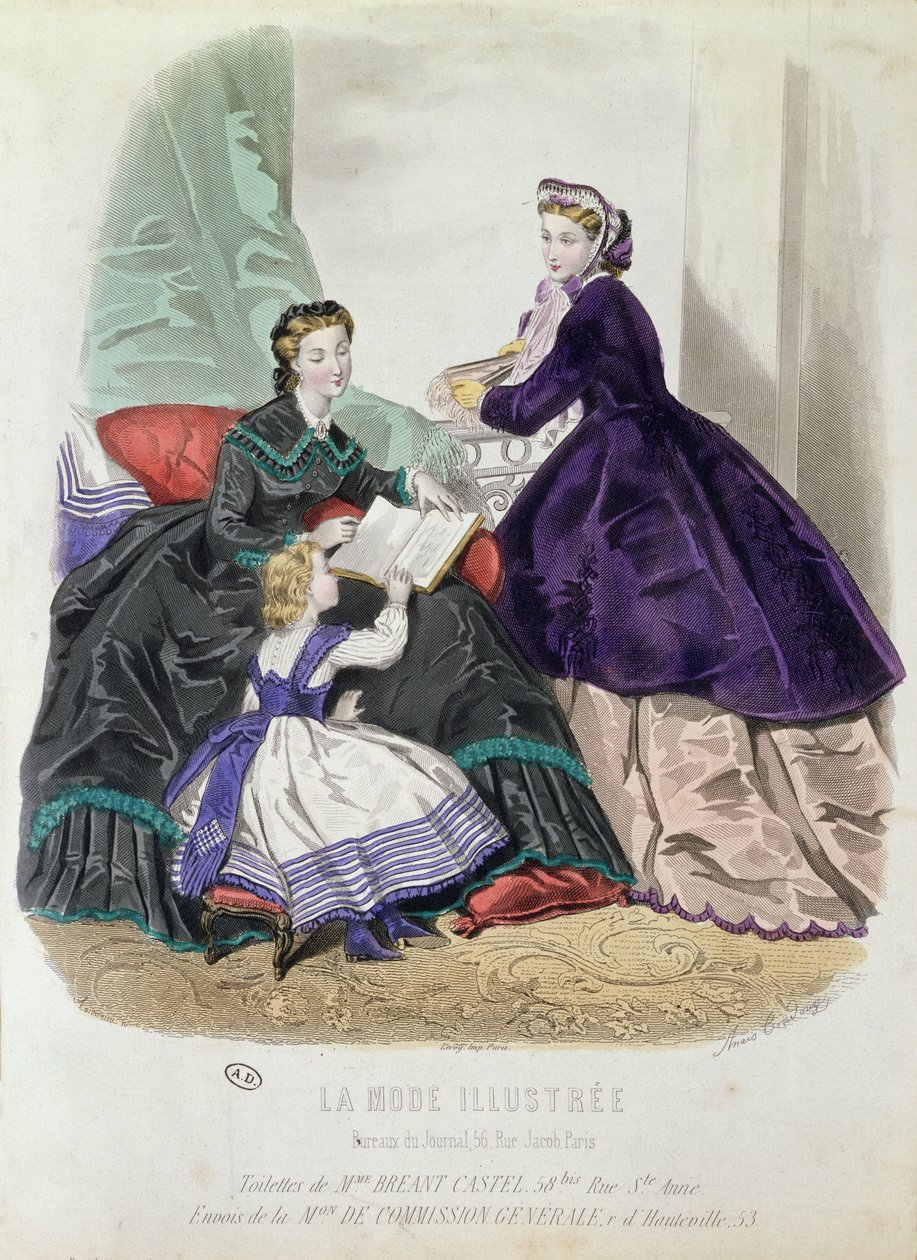 لوحة أزياء تُظهر الملابس التي صممها مدام برينت كاستيل ، من فيلم La Mode Illustree ، 1864 (نقش الألوان) بواسطة أنيس تودوز