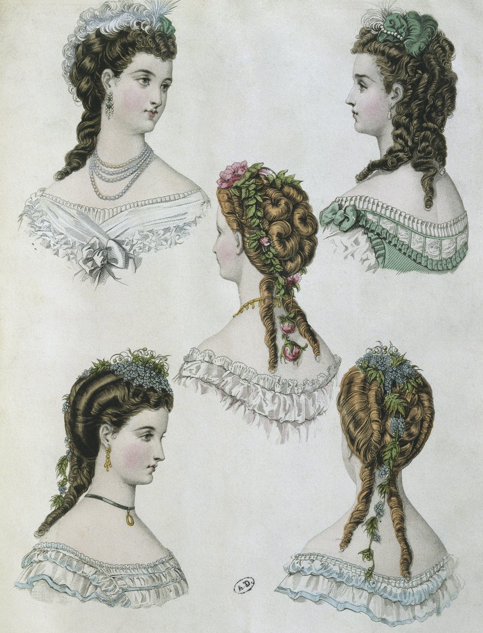 تسريحات الشعر ، التوضيح من "La Mode illustree" ، 1860 (نقش الألوان) بواسطة أنيس تودوز