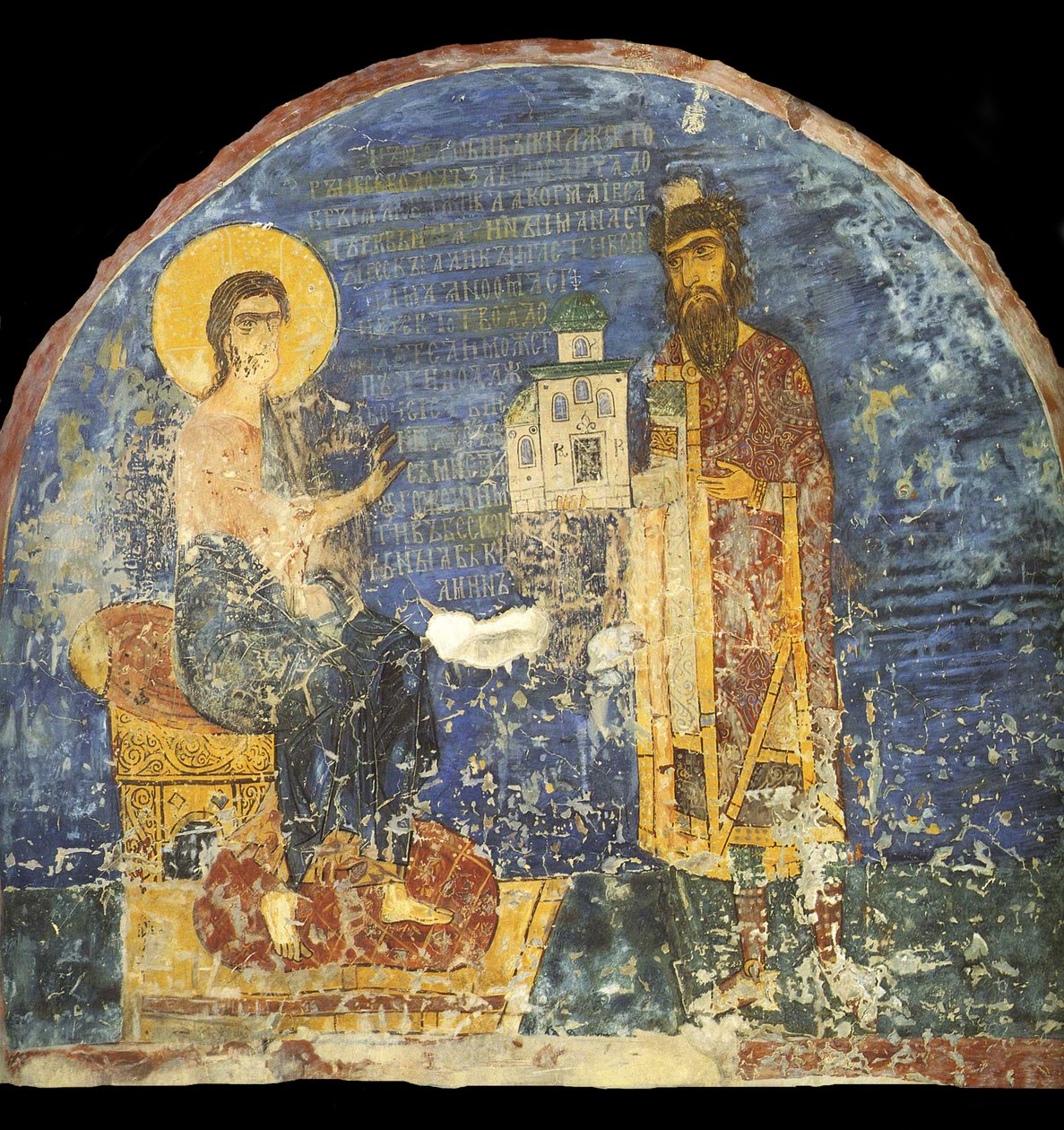الأمير الكبير ياروسلاف الثاني Vsevolodovich مع نموذج للكنيسة Nereditsa قبل المسيح ، القرن الثاني عشر بواسطة الرسوم الجدارية الروسية القديمة