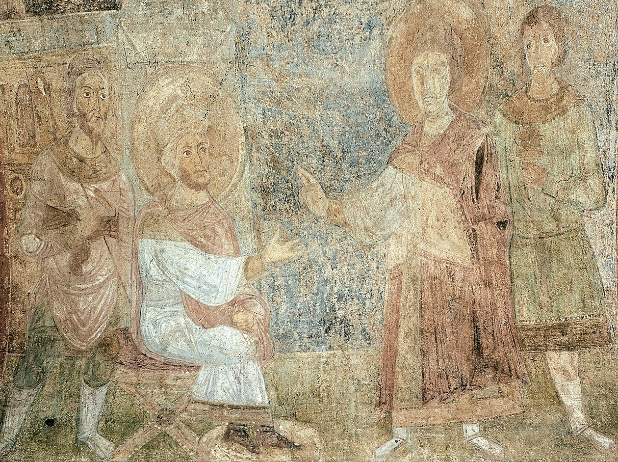 القديس جورج أمام الإمبراطور دقلديانوس بواسطة الرسوم الجدارية الروسية القديمة