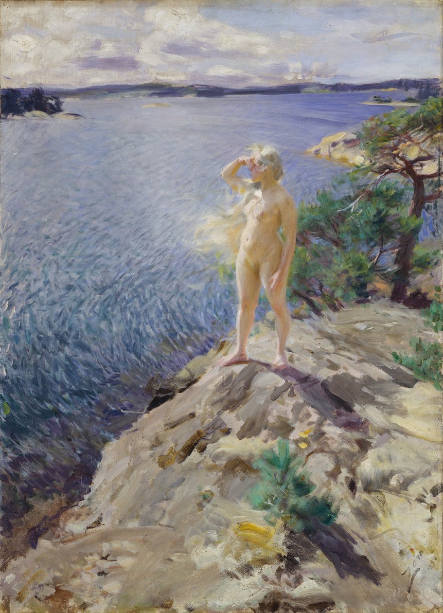 "على الصخور" "شابة عارية تمسح الأفق على شاطئ البحر - رسم لأندرس ليونارد زورن (1860-1920) 1894 المتحف الوطني للفنون أوسلو ، النرويج بواسطة المختلف هو ليونارد زورن
