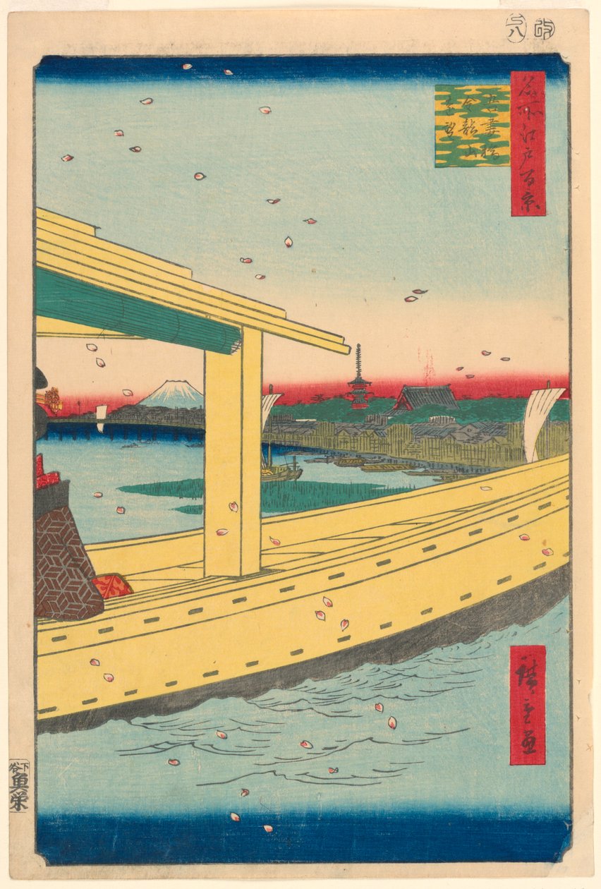 منظر بعيد لمعبد Kinryuzan من جسر Azuma (Azuma-bashi ، Kinryuzan embo) رقم 39 من السلسلة مائة منظر مشهور لإيدو بواسطة أندو هيروشيغه