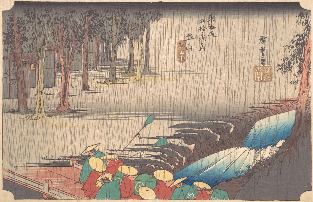 مطر الربيع في محطة Tsuchiyama 50th of Tokaido ، القرن التاسع عشر. بواسطة أندو هيروشيغه