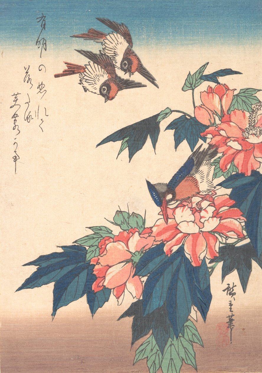 يبتلع و Kingfisher مع Rose Mallows ، كاليفورنيا. 1838. ، كاليفورنيا. 1838. بواسطة أندو هيروشيغه