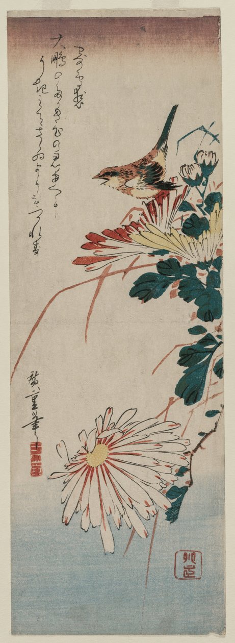 Warbler و Chrysanthemums ، منتصف 1830s. بواسطة أندو هيروشيغه