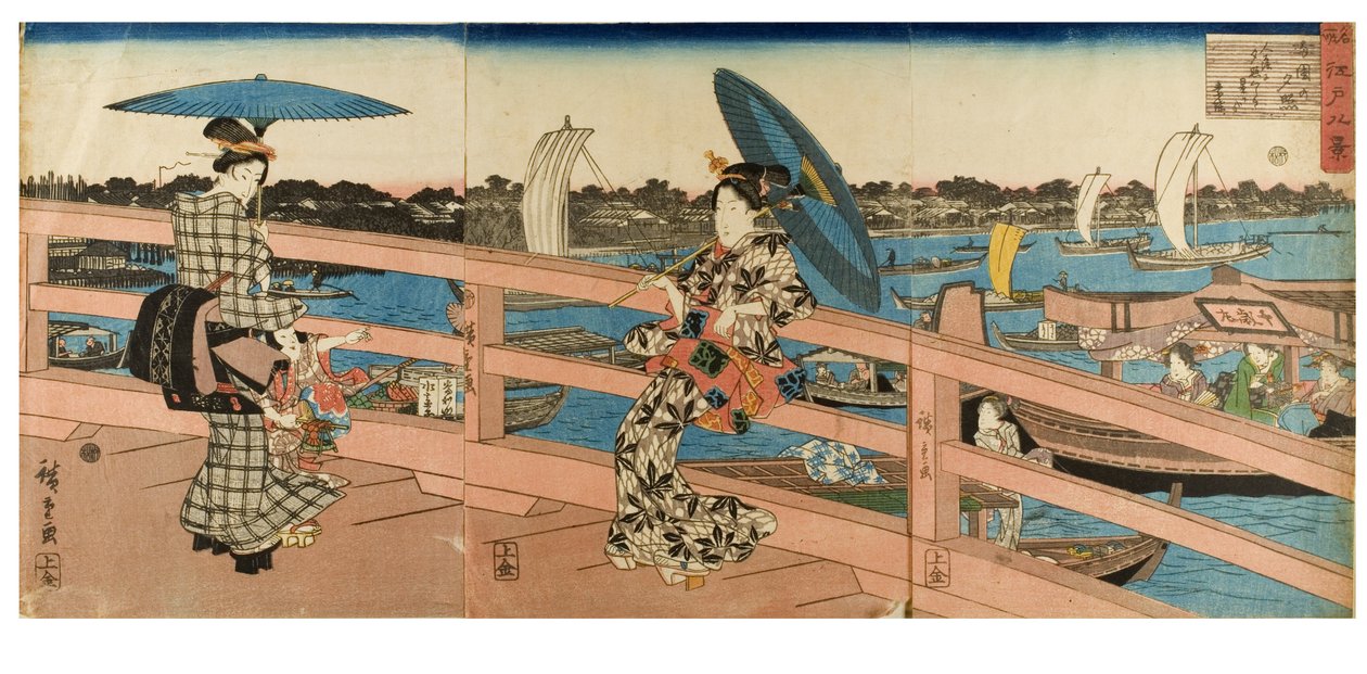 توهج غروب الشمس عند جسر ريوغوكو من السلسلة ثمانية مناظر لأماكن شهيرة في إيدو ، حوالي 1843-1847 (قالب خشبي على ورق) بواسطة أندو أو أوتاغاوا هيروشيغي