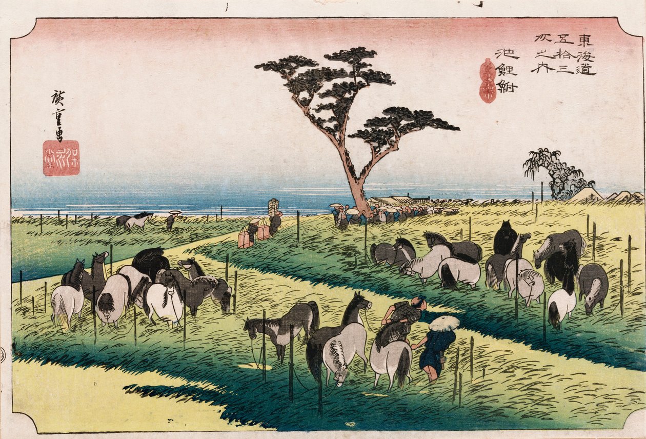 سوق الخيل في الشهر الرابع في Chiryu "، من سلسلة" ثلاث وخمسون محطة من توكايدو "، c.1834 بواسطة أندو أو أوتاغاوا هيروشيغي