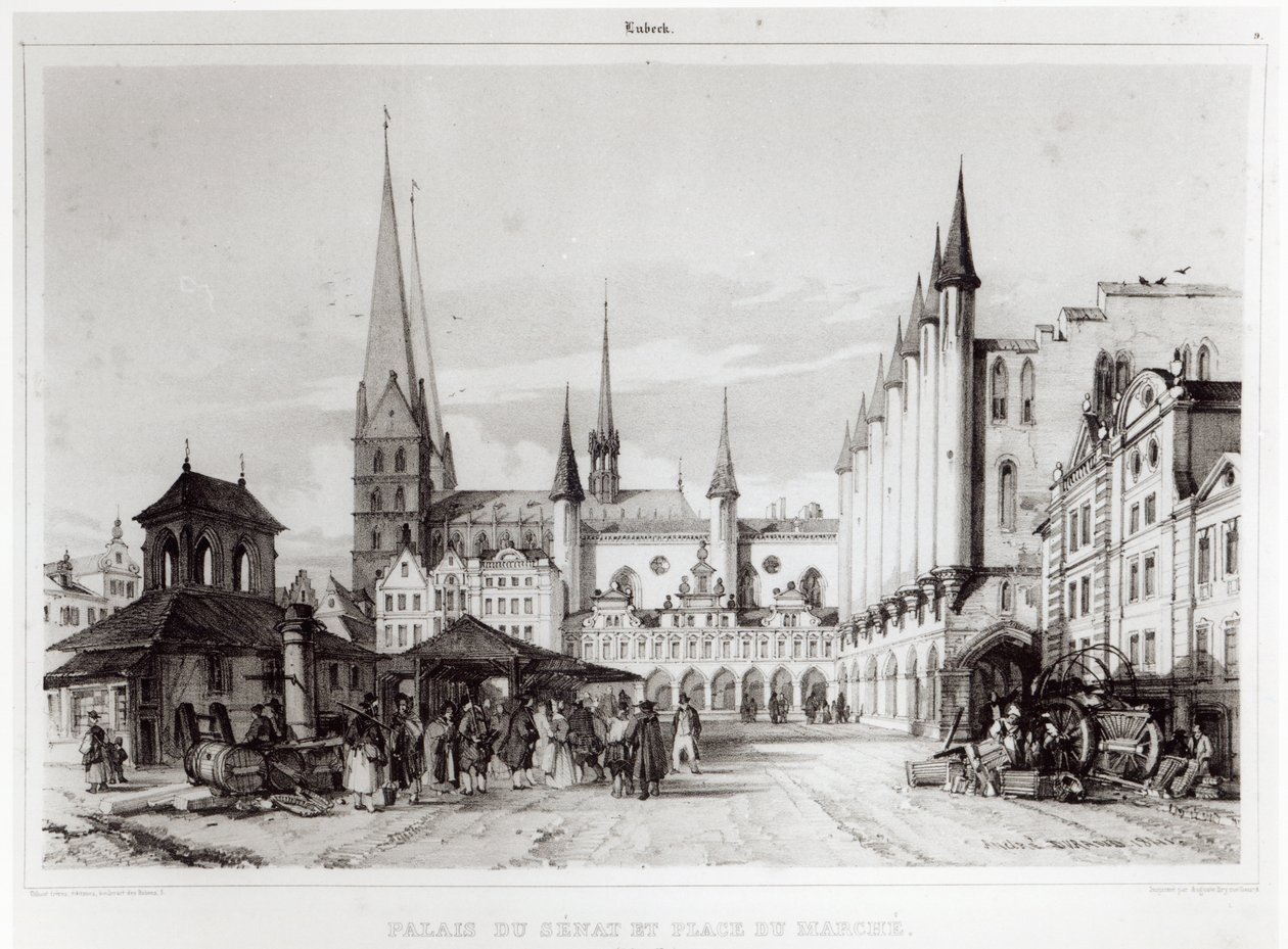 مجلس الشيوخ والسوق في لوبيك ، توضيح من "Voyage pittoresque en Russie" ، 1839 بواسطة أندريه دوراند