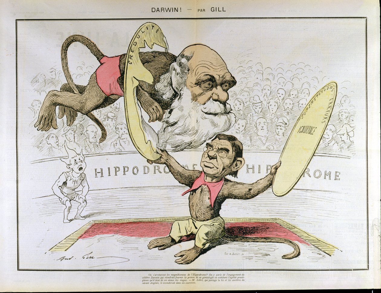 كاريكاتير تشارلز داروين (1809-1882) وإميل ليتر (1801-1881) يصورانهم كقرود في السيرك بواسطة أندرو جيل