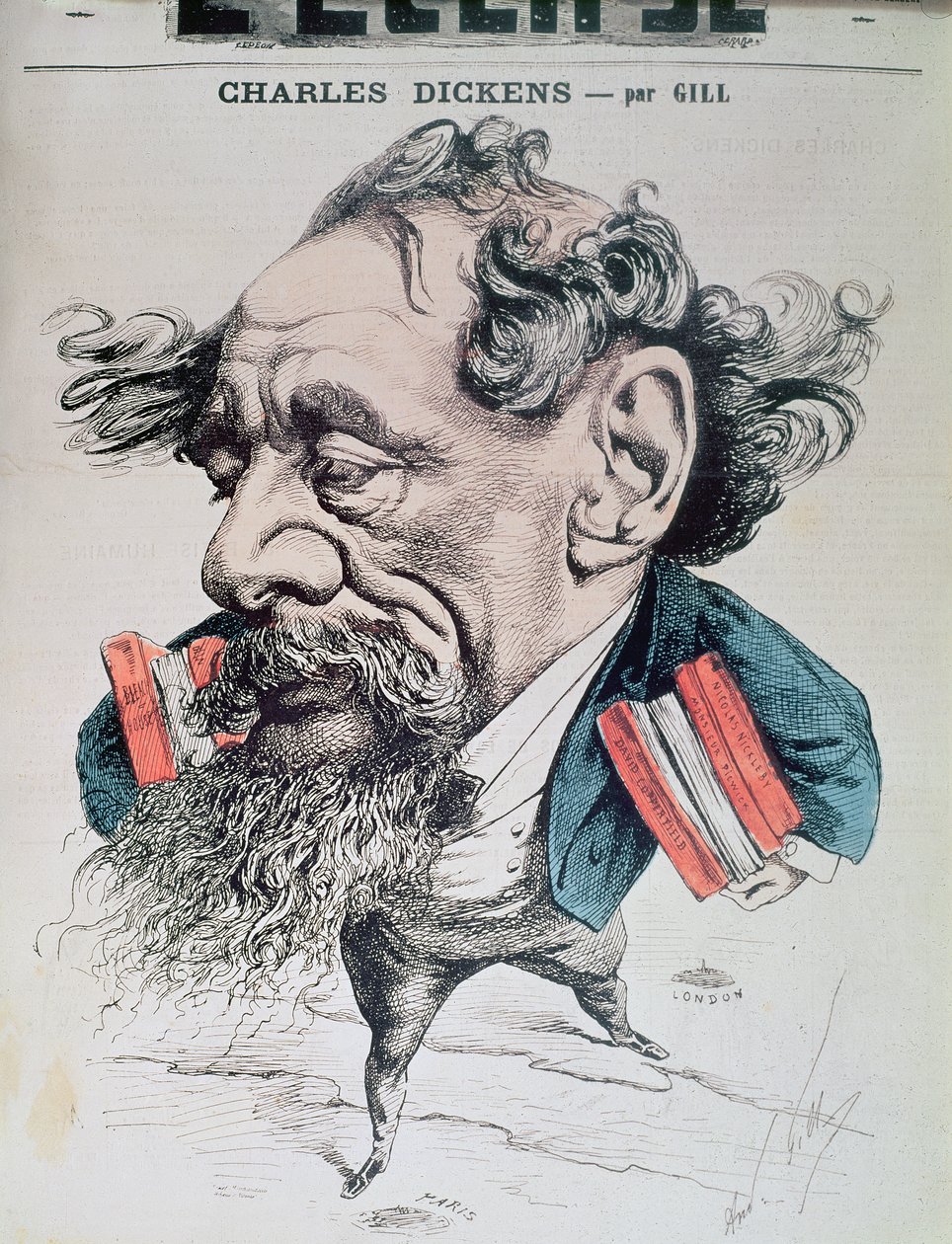 تشارلز ديكنز على القناة الإنجليزية ، رسم توضيحي من "ليكليبس" ، 14 يونيو 1868 بواسطة أندرو جيل