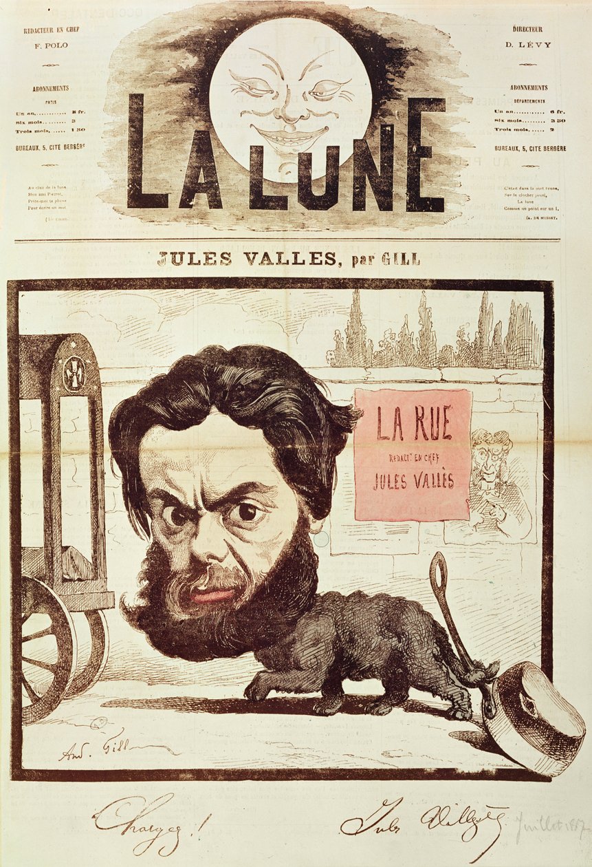 الصفحة الأولى من "La Lune" ، مع صورة كاريكاتورية لجول فاليس ومجلته "La Rue" ، باريس ، يوليو 1867 (الطباعة الحجرية الملونة) بواسطة أندرو جيل