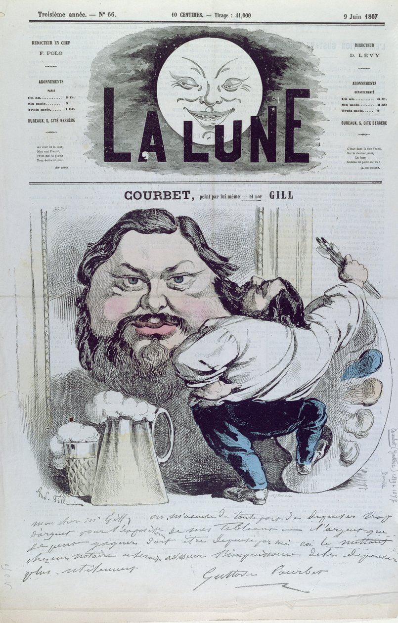 غوستاف كوربيه (1819-1877) أمام صورته الذاتية ، صورة توضيحية من مجلة "لا لون" ، 9 يونيو 1867 بواسطة أندرو جيل