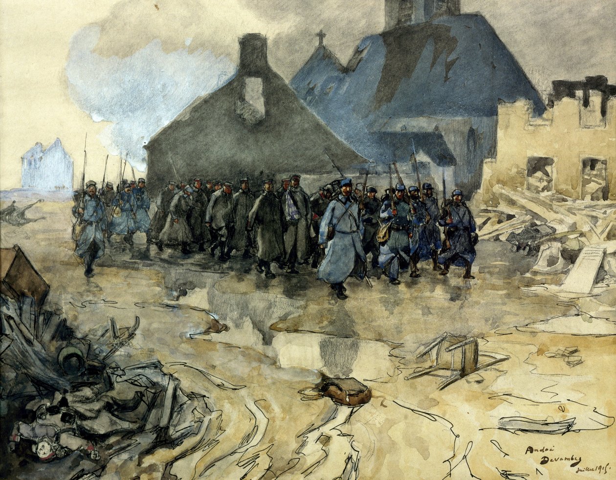 First world war: return of the patrol, July 1915 (eau forte) بواسطة أندريه ديفامبيز