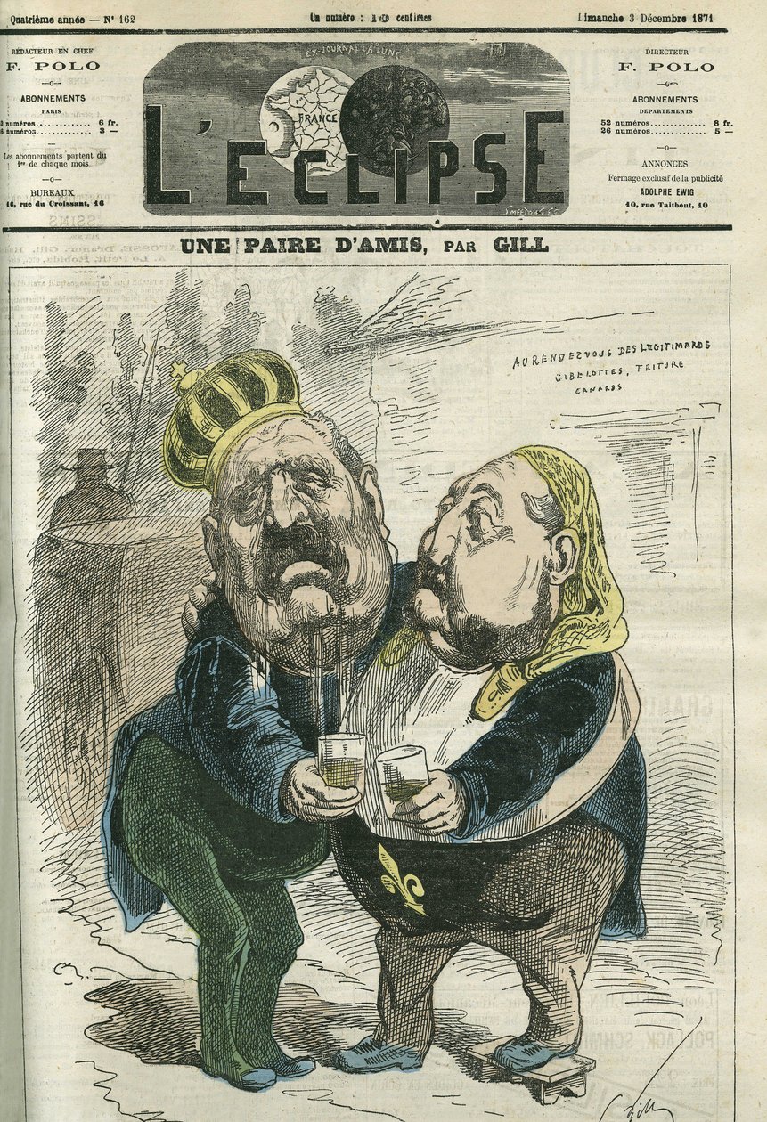 زوجان من الأصدقاء ، Hippolyte de Villemessant (1812-1879) ، مدير Figaro والأمير فيليب دورلينز (1838-1894) ، يتظاهران بعرش فرنسا. غلاف في “L'Eclipse” بقلم جيل ، 3 ديسمبر بواسطة أندرو جيل