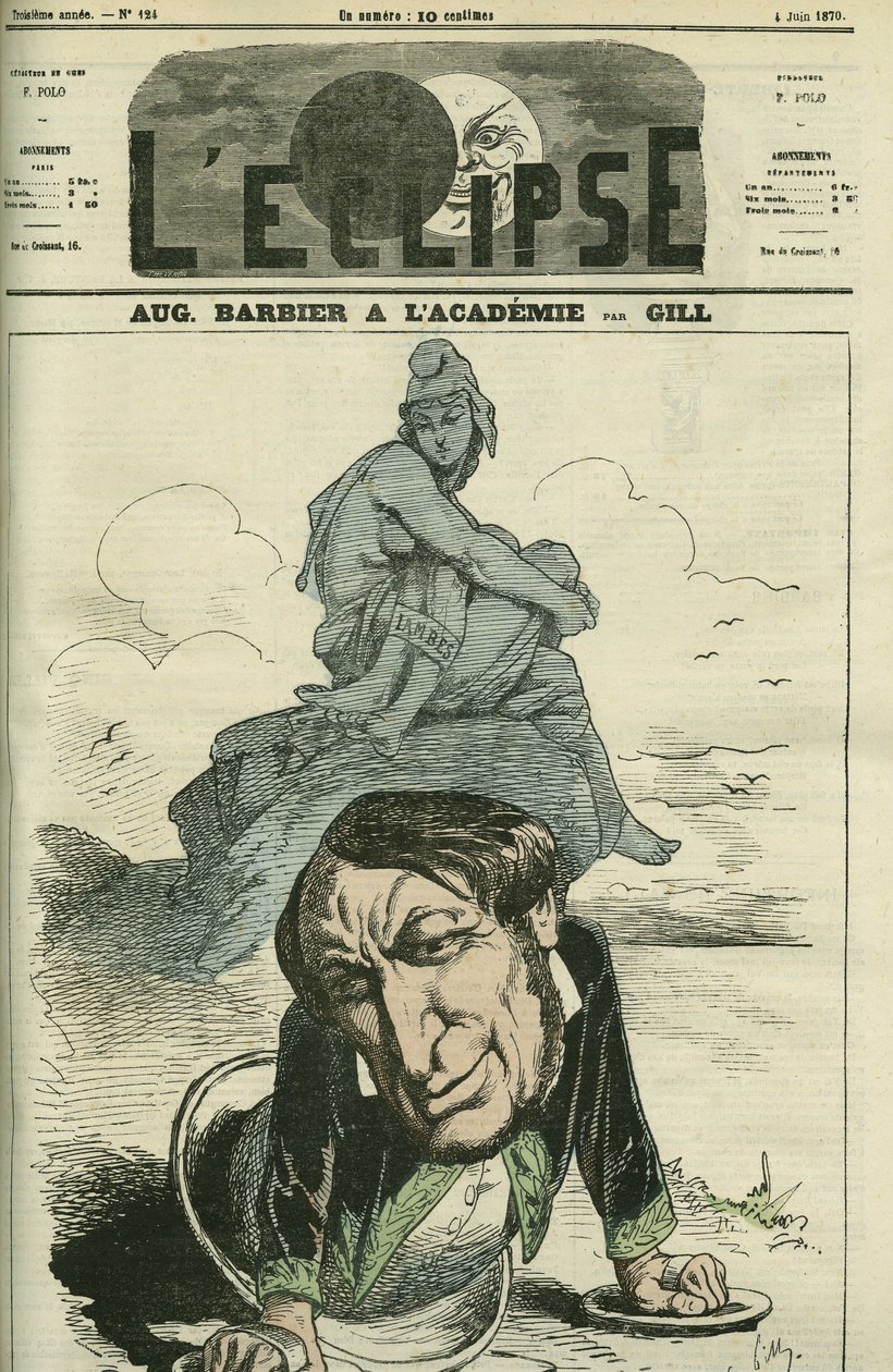 أوغست باربييه (1805-1882) ، شاعر فرنسي انتخب في الأكاديمية الفرنسية عام 1869. غلاف في "L'Eclipse" بقلم جيل ، 4 يونيو بواسطة أندرو جيل