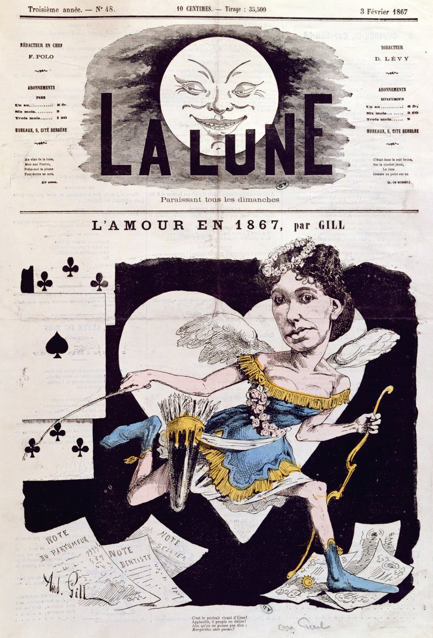 رسم كاريكاتوري لؤلؤة كورا (1842 - c.1886) من "لا لون" ، 3 فبراير 1867 بواسطة أندرو جيل