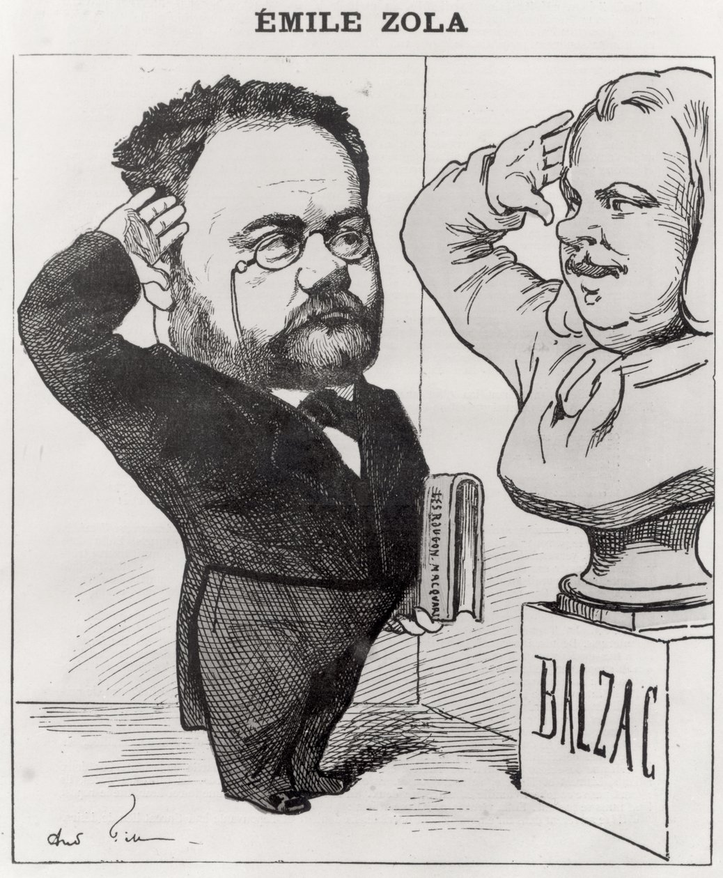 كاريكاتير إميل زولا (1840-1902) تحية تمثال نصفي للشرف (1799-1850) 1878 بواسطة أندرو جيل