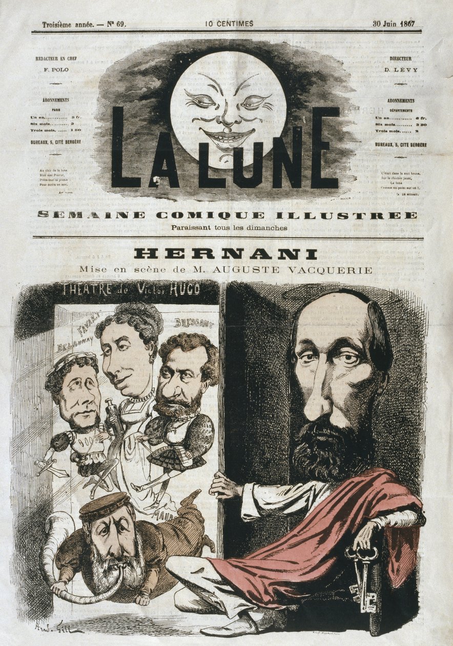 كاريكاتير لـ "Hernani" من تأليف Victor Hugo وإخراج Auguste Vacquerie ، رسم توضيحي من الغلاف الأمامي لـ "La Lune" ، 30 يونيو 1867 بواسطة أندرو جيل