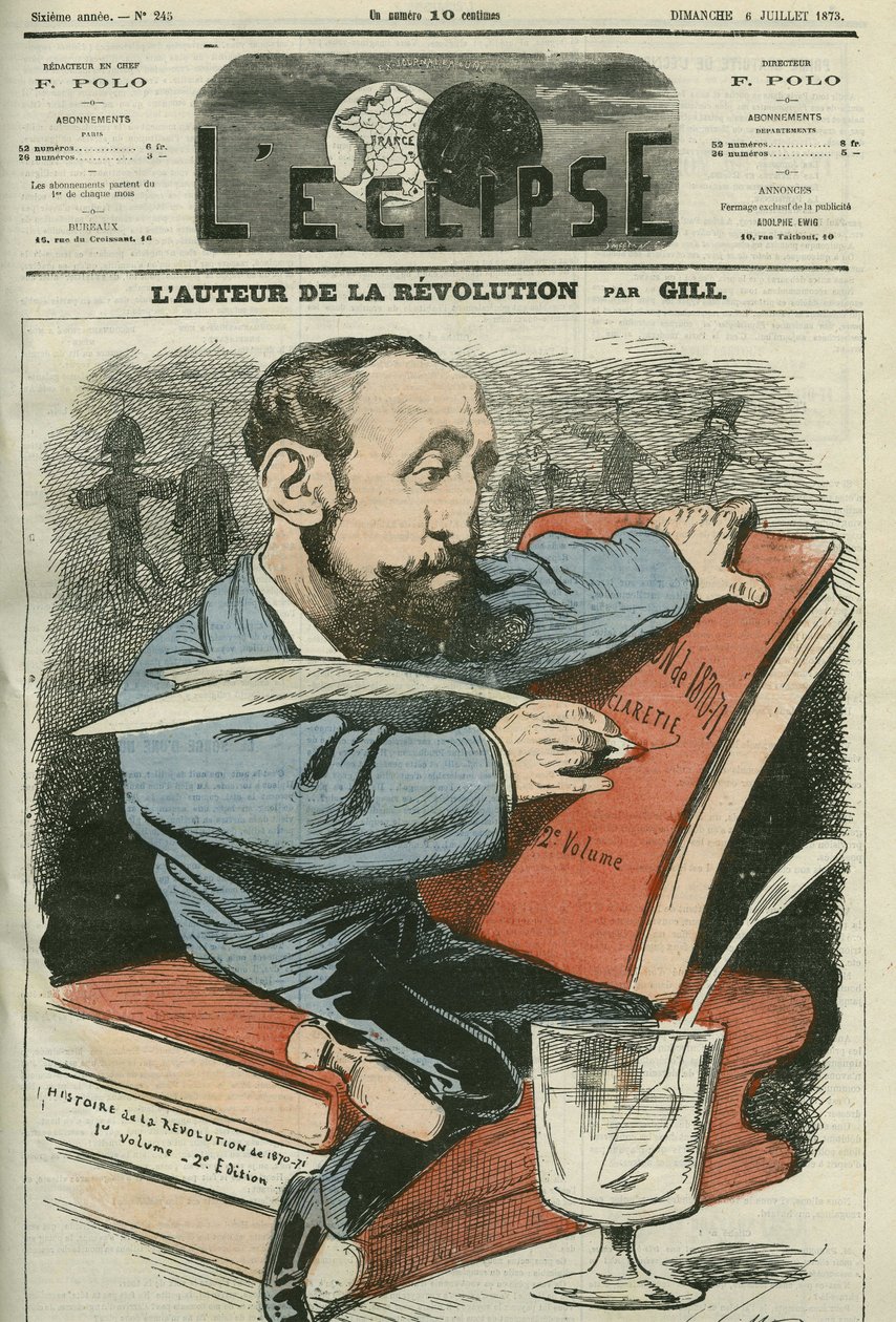 رسم كاريكاتوري لجول كلاريتي (1840-1913) ، روائي وكاتب مسرحي وناقد فرنسي. غلاف في "L