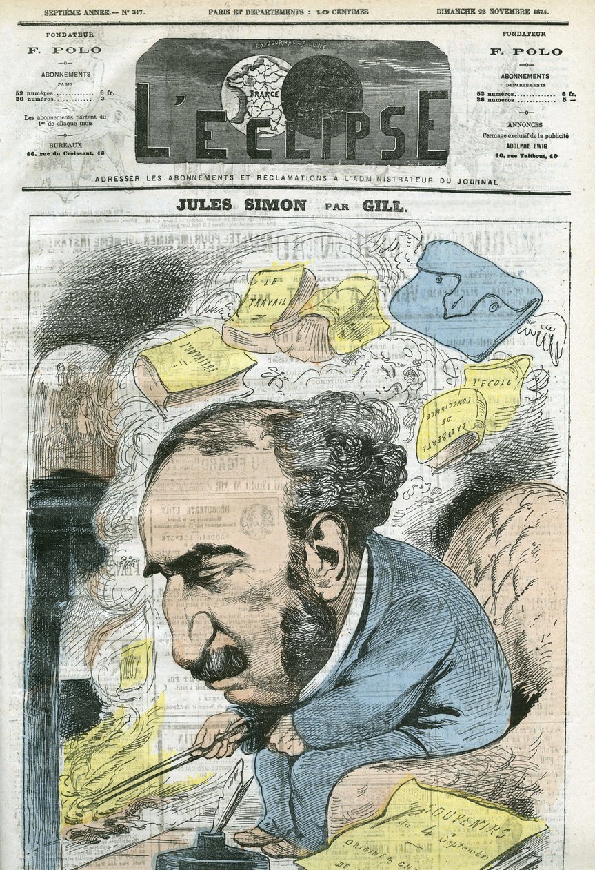رسم كاريكاتوري لجول سيمون (1814-1896) ، سياسي ، مؤرخ للفلسفة ، فيلسوف ، كاتب مقالات فرنسي. غلاف في “L
