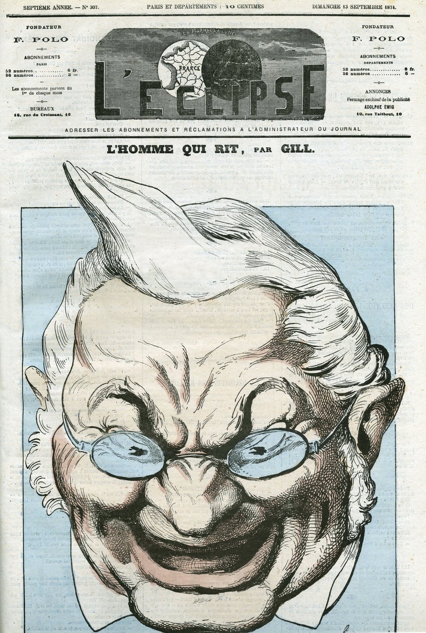 رسم كاريكاتوري لـ "الرجل الذي يضحك" ، Adolphe Thiers (1797-1877) ، سياسي فرنسي. غلاف في "L'Eclipse" بقلم جيل ، 13 سبتمبر بواسطة أندرو جيل