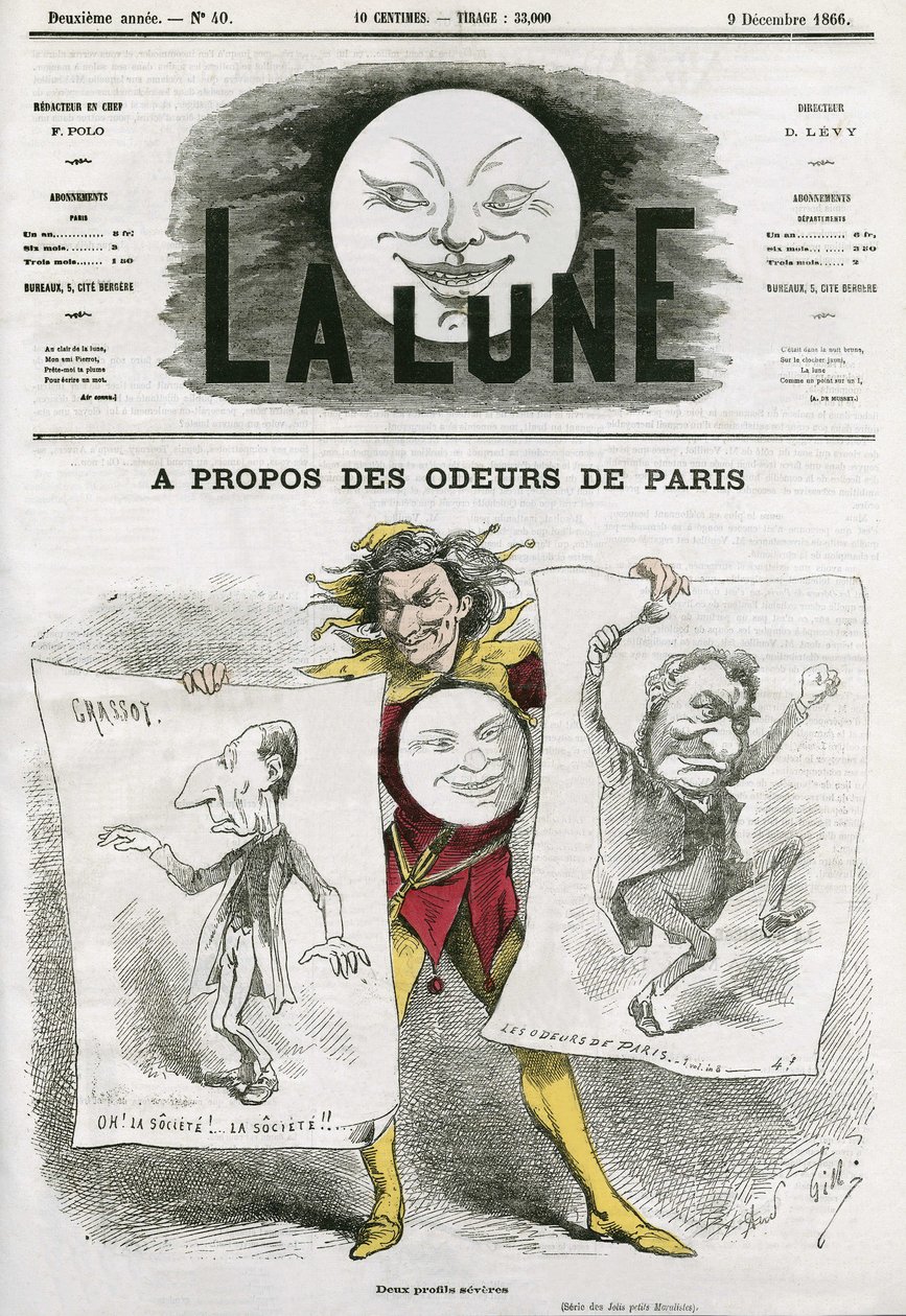 رسم كاريكاتوري على كتاب "Les Odeurs de Paris" للكاتب الفرنسي Louis Veuillot (1813-1883). كارتون جيل ، في "القمر" ، 9 ديسمبر بواسطة أندرو جيل