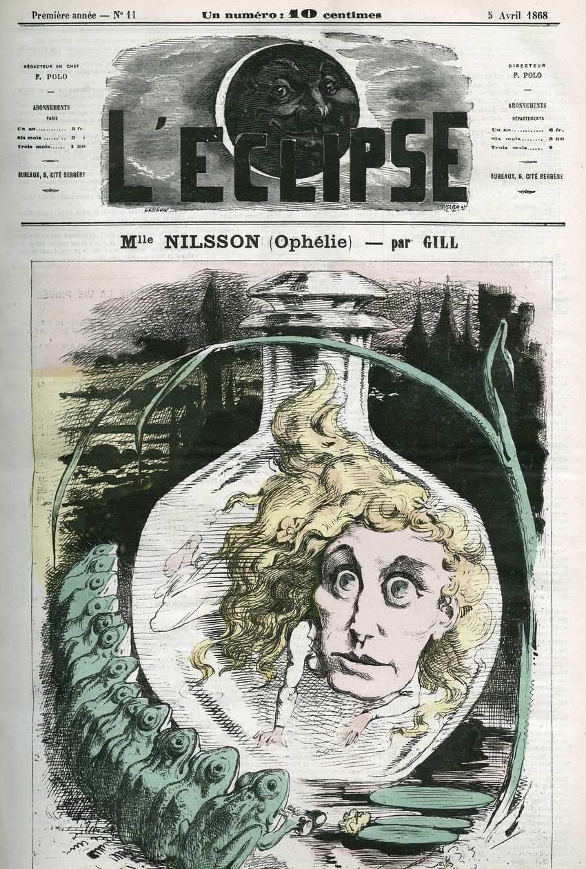 كريستين نيلسون في دور أوفيلي (1843- حوالي 1880) مغنية الأوبرا السويدية. الغلاف في "L'Eclipse" بقلم جيل ، 5 أبريل بواسطة أندرو جيل