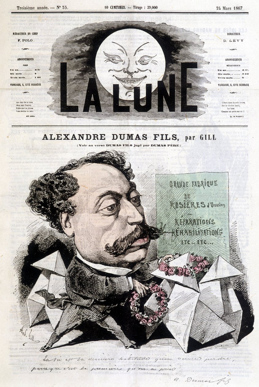 رسم هزلي على الكسندر دوما فيلس لجيل. غلاف “La Lune” من 24/03/1867. بواسطة أندرو جيل
