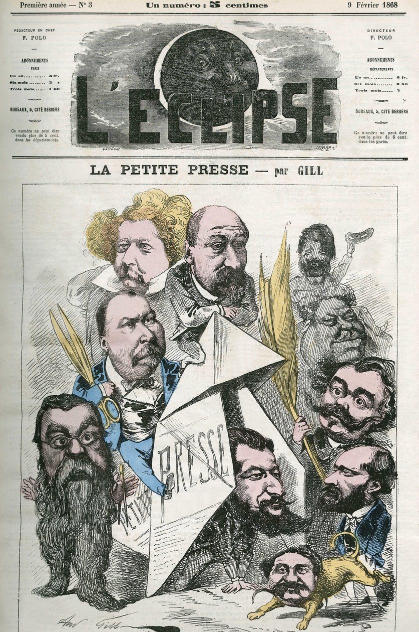 إنشاء "" La Petite Presse "، مع جانين ، ديلسوكس ، هيرمانت ، هيميري ، دي بالاثيير ، براغلون ، دوما ، بونسون دو تيرايل ، جان دو بويز ، ريفيلون وكوست. غلاف في "L'Eclipse" بقلم جيل ، 9 فبراير بواسطة أندرو جيل