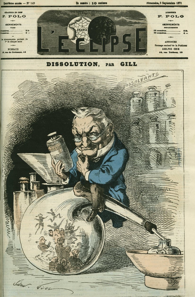 حل ، أدولف تييرز (1797-1877) ، مؤرخ ورئيس الجمهورية. غلاف في "L'Eclipse" بقلم جيل ، 3 سبتمبر بواسطة أندرو جيل