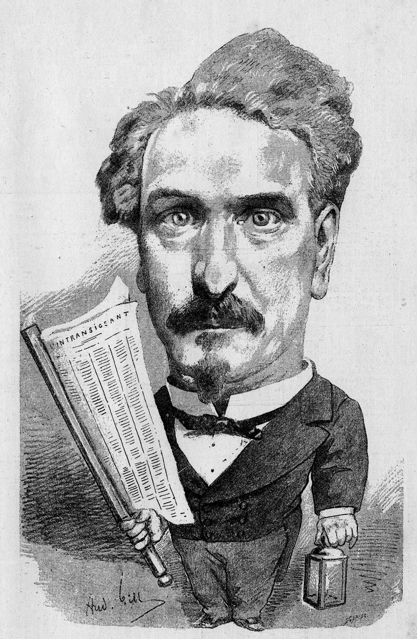 رسم لأندريه جيل يمثل الصحفي والسياسي الفرنسي هنري روشفور (1831-1913) ، في "" The Illustrous World " بواسطة أندرو جيل