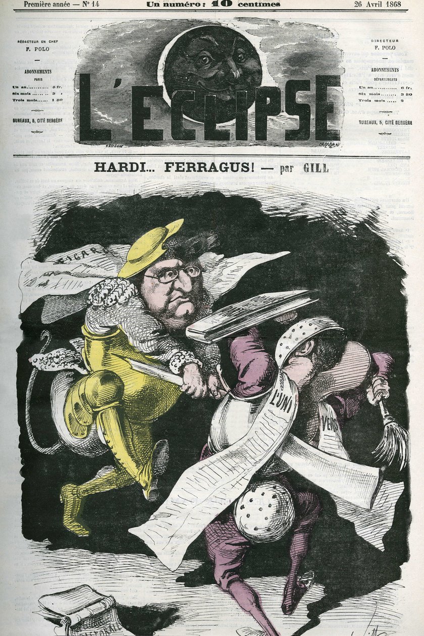هاردي ... Ferragus ، رسم توضيحي لـ "" Figaro "" إلى "" The Universe ". الغلاف في "L'Eclipse" بقلم جيل ، 12 أبريل بواسطة أندرو جيل