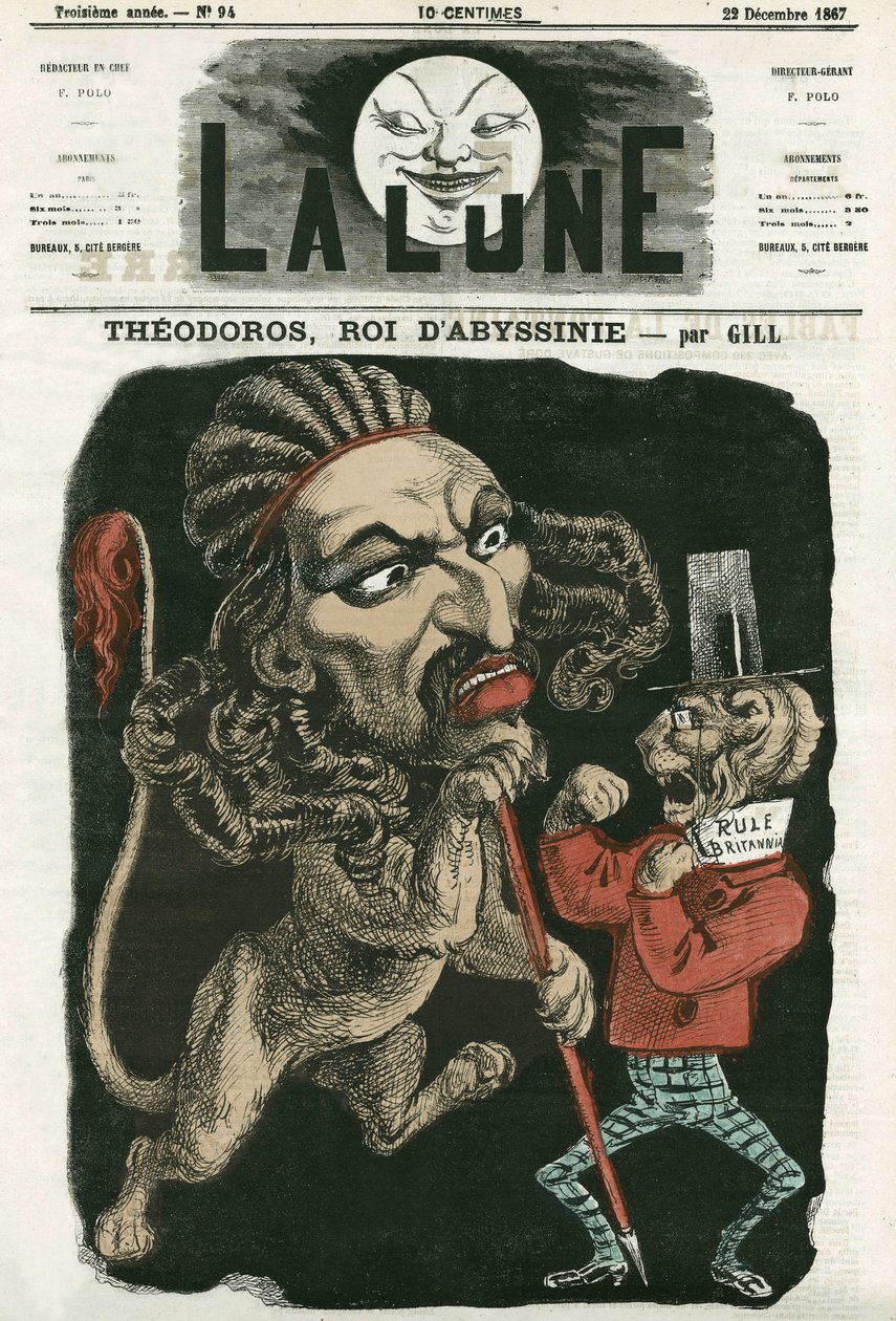 رسم توضيحي لـ "" ثيودوروس ، ملك الحبشة "" ". رسم كاريكاتوري لجيل ، في "لا لون" ، ٢٢ ديسمبر ١٨٦٧. بواسطة أندرو جيل