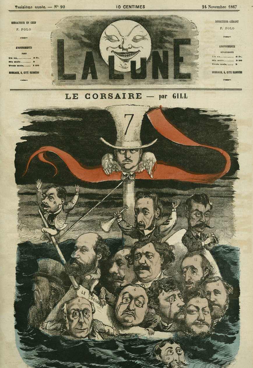 رسم توضيحي لصحيفة "Le Corsaire" وكتاب أعمدتها. كارتون جيل ، في "La Lune" ، 24 نوفمبر بواسطة أندرو جيل