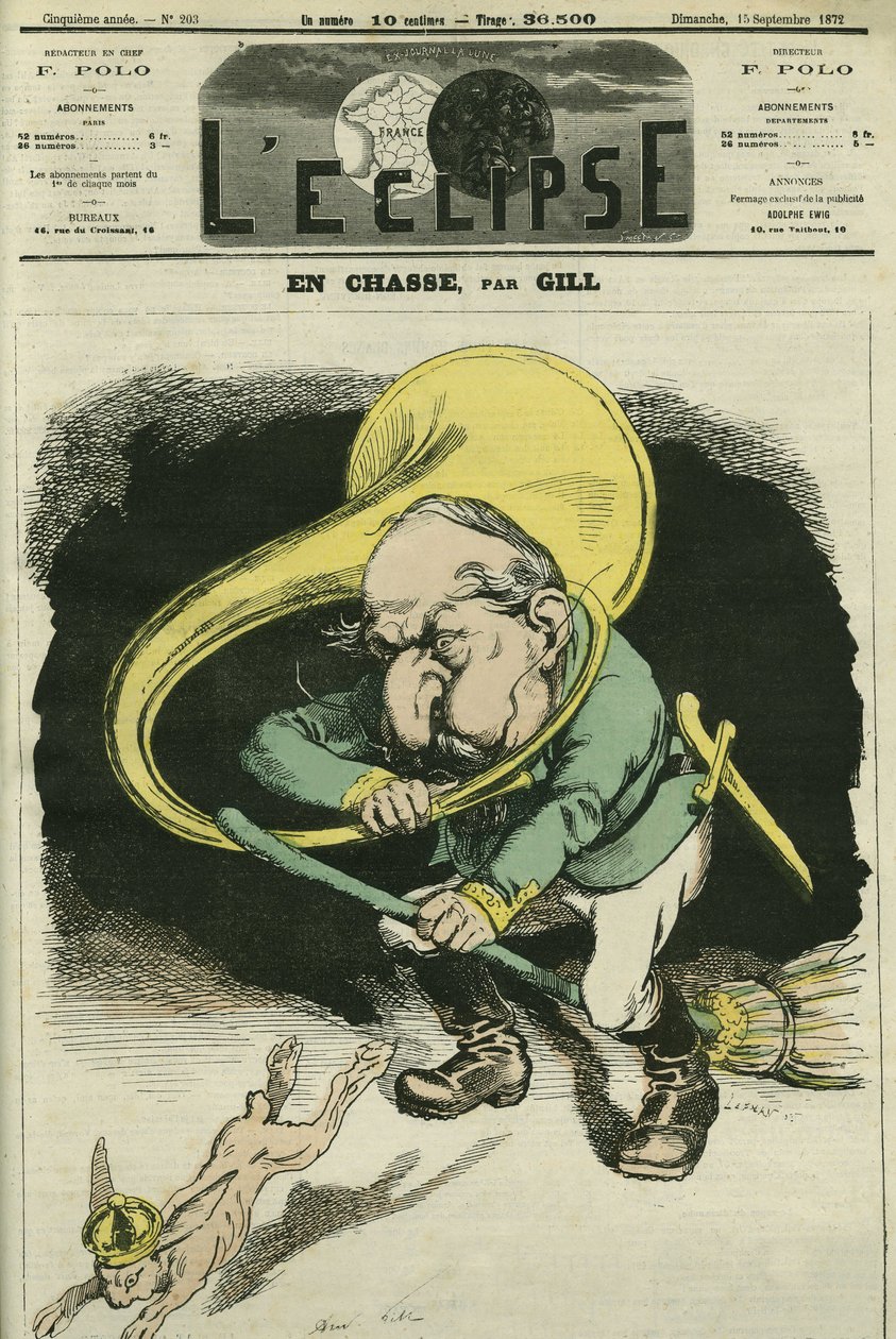 في الصيد ، لويس نابليون بونابرت (1808-1873) ، رئيس الجمهورية عام 1848 وإمبراطور فرنسا من 1852 إلى 1871. غلاف في "ليكليبس" بقلم جيل ، 15 سبتمبر بواسطة أندرو جيل