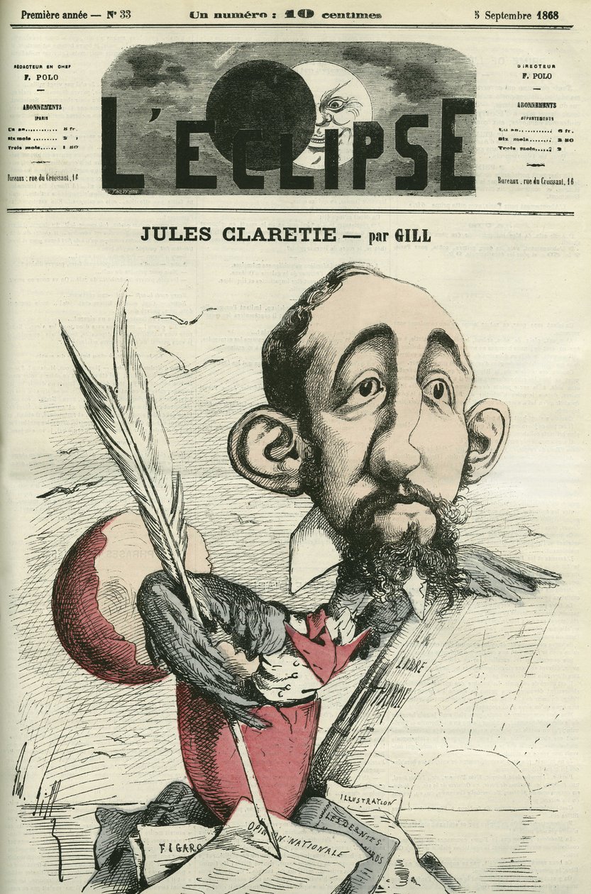 جول كلاريتي (1840-1913) ، روائي وكاتب مسرحي وناقد فرنسي. غلاف في "L'Eclipse" بقلم جيل ، 5 سبتمبر بواسطة أندرو جيل