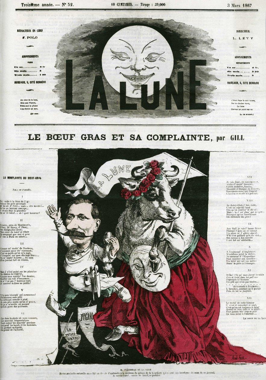 Le Beeuf gras et sa lamentte ، توضيح لأغنية. كارتون جيل ، في "القمر" ، 3 مارس بواسطة أندرو جيل
