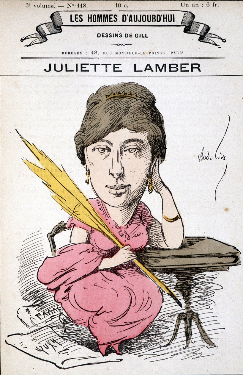 Les Hommes d'aujourd'hui ، مدام جولييت آدم (ني لامبرت) (1836-1936) ، كاتبة مناهضة للنسوية ، استضافت صالونًا سياسيًا شهيرًا في القرن التاسع عشر. كارتون جيل بواسطة أندرو جيل