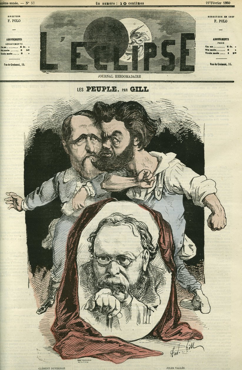 Les Peuples ، مع كليمان دوفرنوا (1836-1879) ، وبيير جوزيف برودون (1809-1865) ، وجول فاليس (1832-1885) ، وكتاب وسياسيون. غلاف في "L'Eclipse" بقلم جيل ، 21 فبراير بواسطة أندرو جيل
