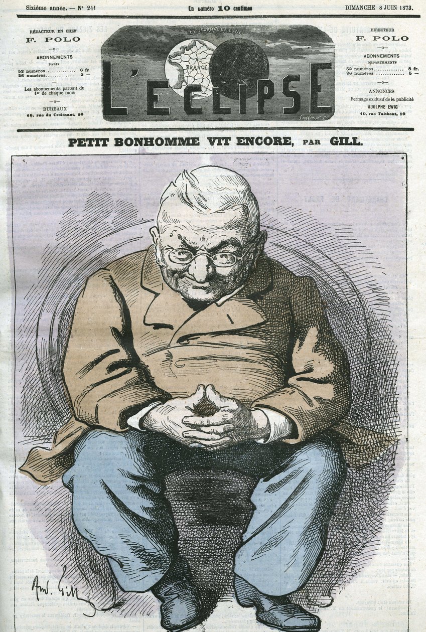 لا يزال الرجل الصغير يعيش ، رسم كاريكاتوري لأدولف تيير (1797-1877) ، رجل دولة فرنسي. غلاف في "L'Eclipse" بقلم جيل ، 8 يونيو بواسطة أندرو جيل