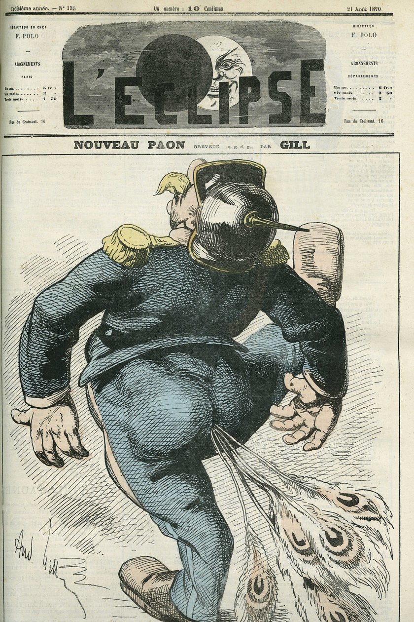 الطاووس الجديد ، رسم كاريكاتوري لوليام الأول (1797-1888) ، الفائز في الحرب الفرنسية البروسية. غلاف في "L'Eclipse" بقلم جيل ، 21 أغسطس بواسطة أندرو جيل