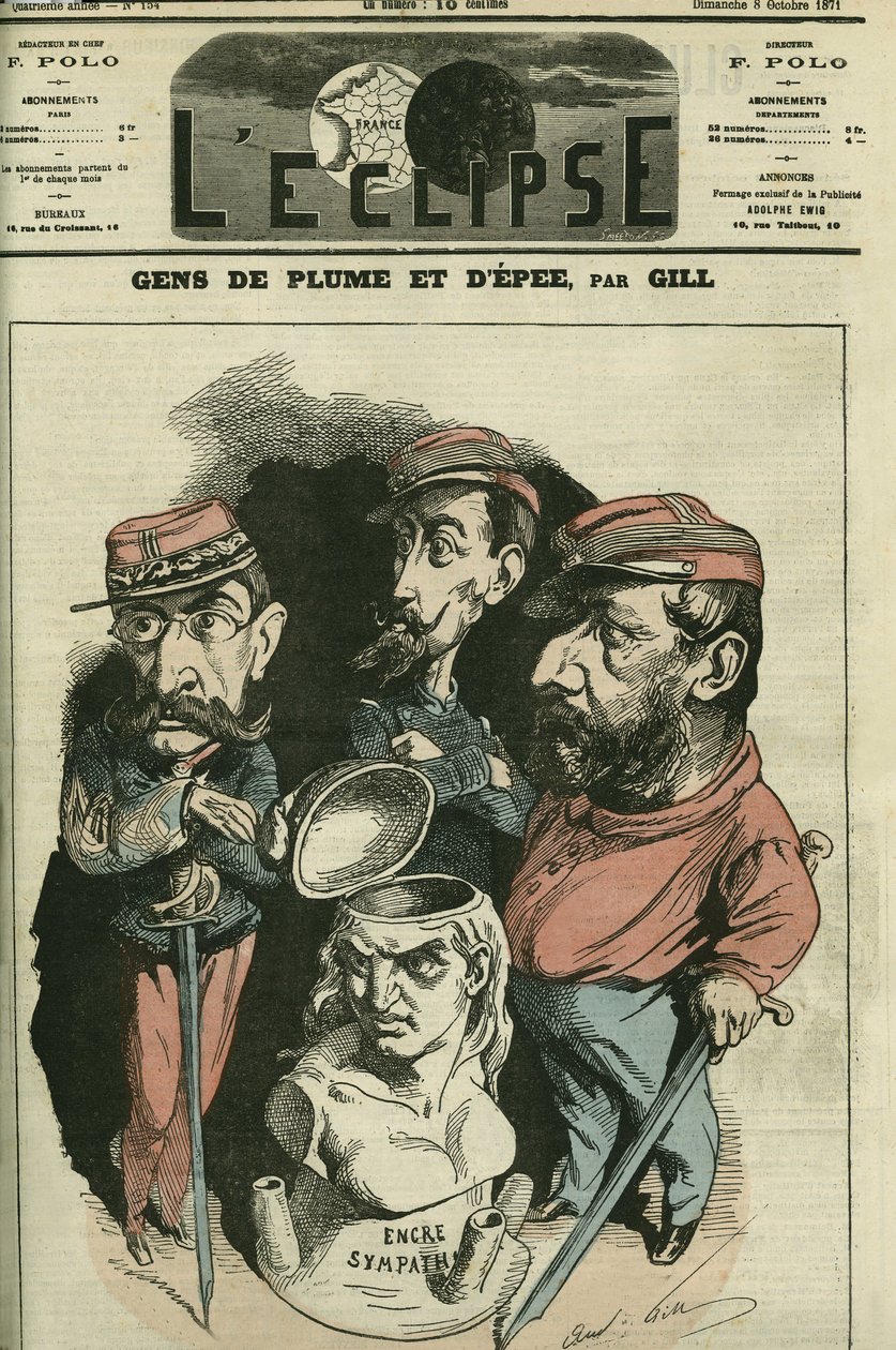 أصحاب القلم والسيف: لويس ليون فيدربه (1818-1889) ، الجيش الفرنسي ، كاميل كريمر (1840-1876) ، الجنرال الفرنسي ، وفيليب توسان جوزيف بوردون (1821-1892) ، الطبيب والعسكري. غلاف في “L'Eclipse” بقلم جيل ، 8 أكتوبر بواسطة أندرو جيل
