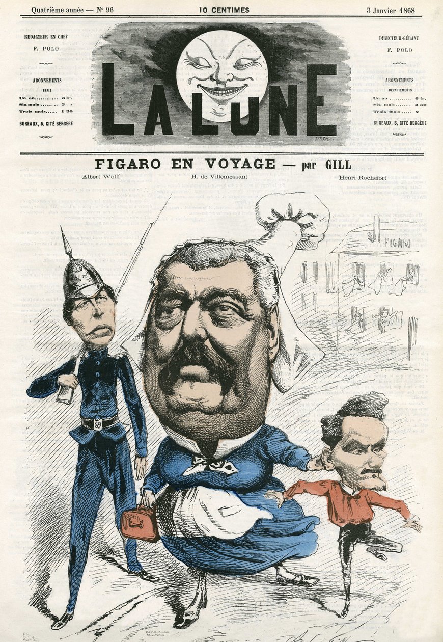 صورة لألبرت وولف ، هيبوليت دي فيليميسانت (1812-1879) وهنري روشفور (1831-1913) ، صحفيون في فيجارو. كارتون جيل ، في "القمر" ، 3 يناير بواسطة أندرو جيل