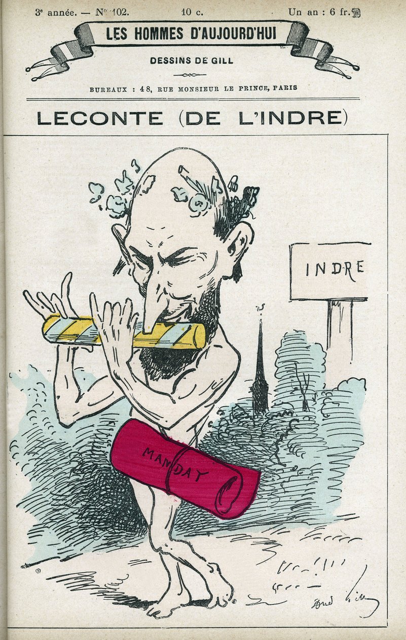 صورة لألفريد لوكونت (1824-1898) ، صيدلي فرنسي ، شاعر ، كاتب أغاني وسياسي ، كان مندوباً عن إندري من 1876 إلى 1898. كارتون لجيل ، باريس. بواسطة أندرو جيل