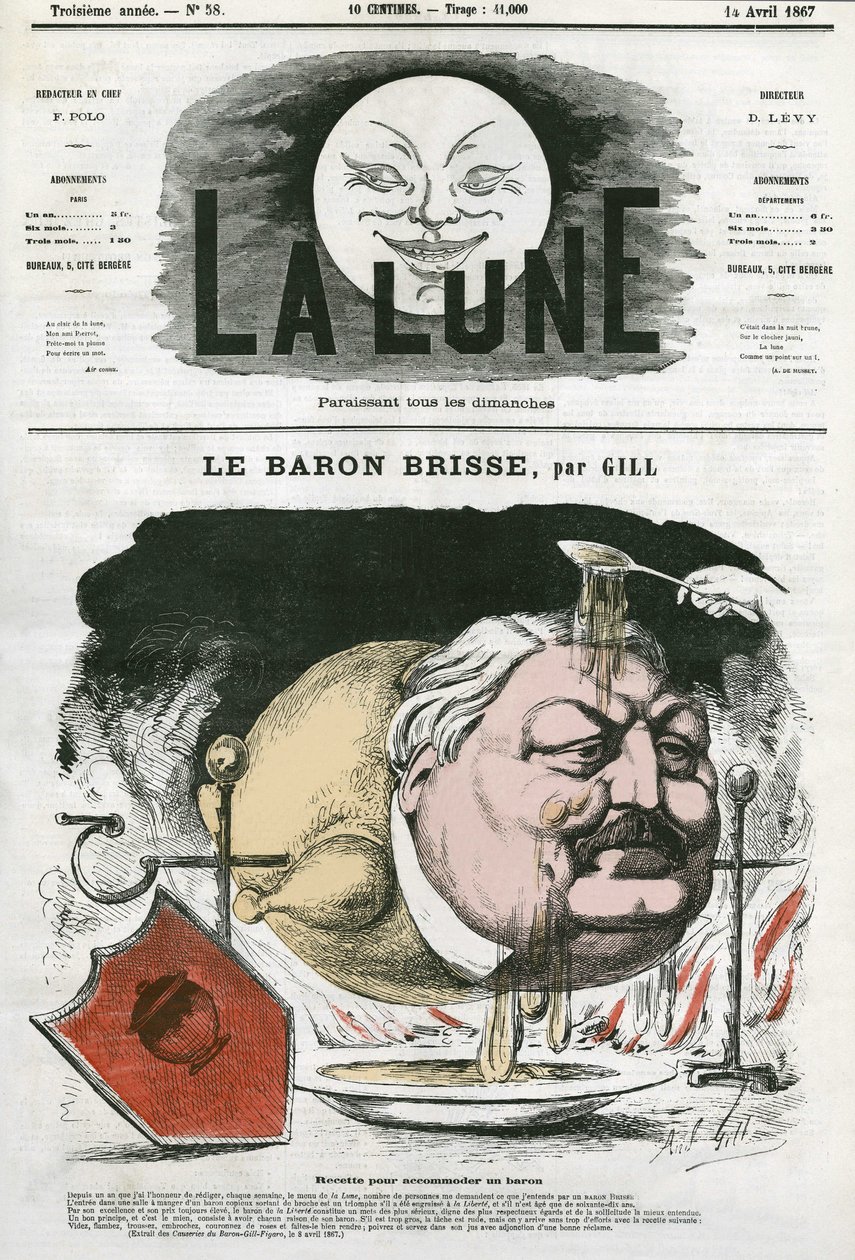 صورة شخصية للبارون بريس (1813-1876) ، صحفي تذوق الطعام الفرنسي. كارتون جيل ، في "القمر" ، 14 أبريل بواسطة أندرو جيل
