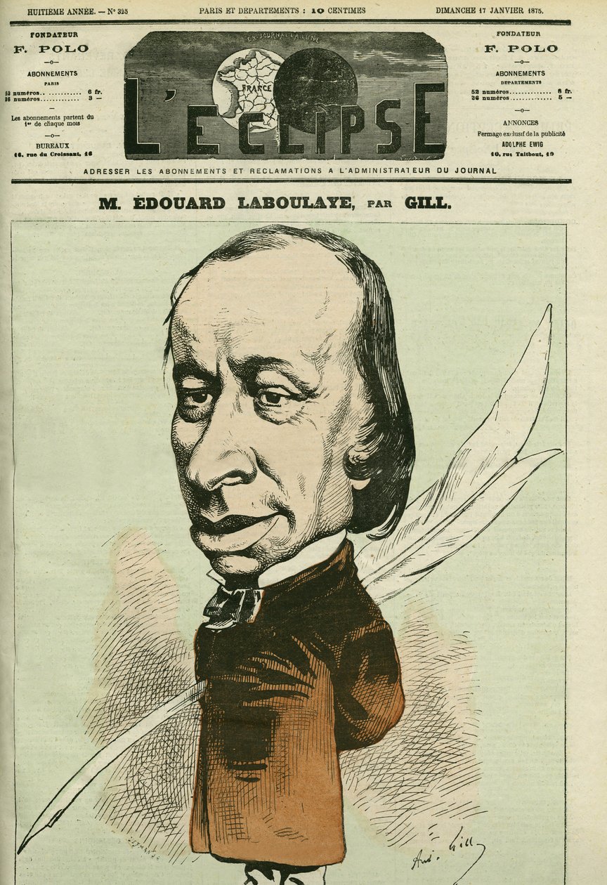 صورة لإدوار رينيه دي لابولاي (1811-1883) ، فقيه وشاعر وسياسي فرنسي ، وكان أيضًا مخترع تمثال الحرية. غلاف في "L'Eclipse" بقلم جيل ، 17 يناير بواسطة أندرو جيل